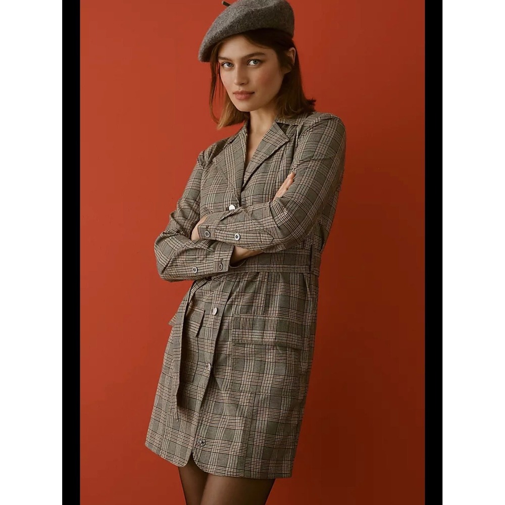 Pilcro Anthropologie Plaid Blazer Dress Tan Black Belted Mini XL Sherlock Preppy
